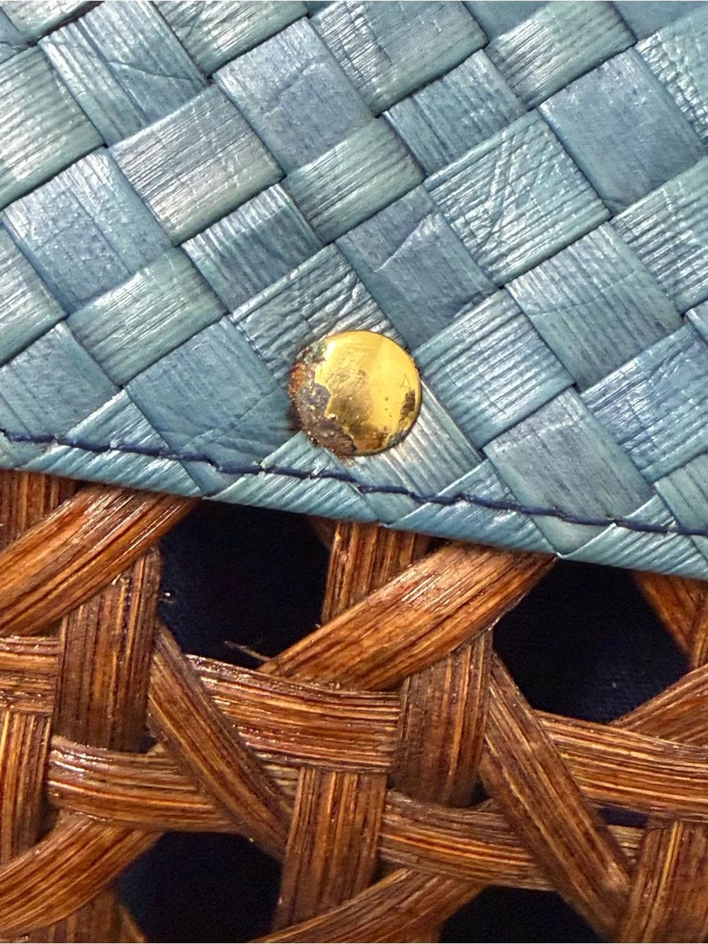 Anthropologie Brown Woven Rattan Clutch with Deep Teal Fringe